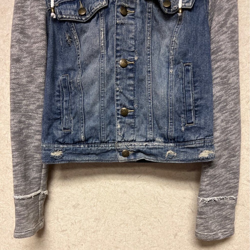 Free People Denim Knit Sleeve Hooded Hoodie Jacket Women's Size Small - Picture 5 of 10
